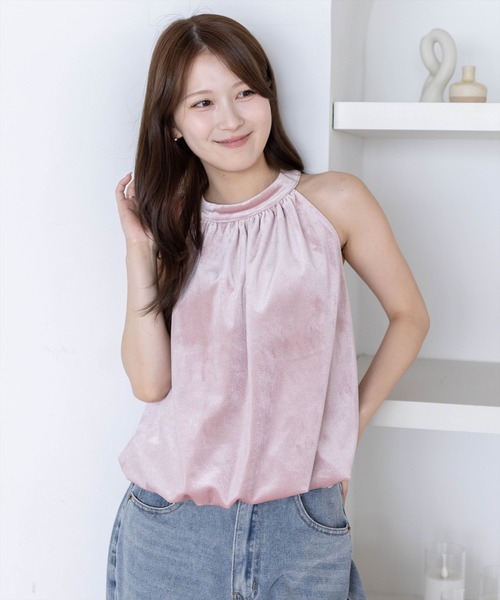 clear（クリア）の「ホルターネックベロアバルーントップス［骨格ウェーブ／きれいめ］（Tシャツ/カットソー・レディース・アイボリー/ピンク/チャコールグレー・F）」の3枚目の写真