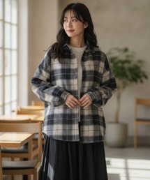 【裏地もこもこ・大人定番】ウールライクオーバーサイズチェックシャツジャケット／5色展開｜ブラック ブラウン ベージュ ネイビー オレンジ 羽織り アウター 大人カジュアル