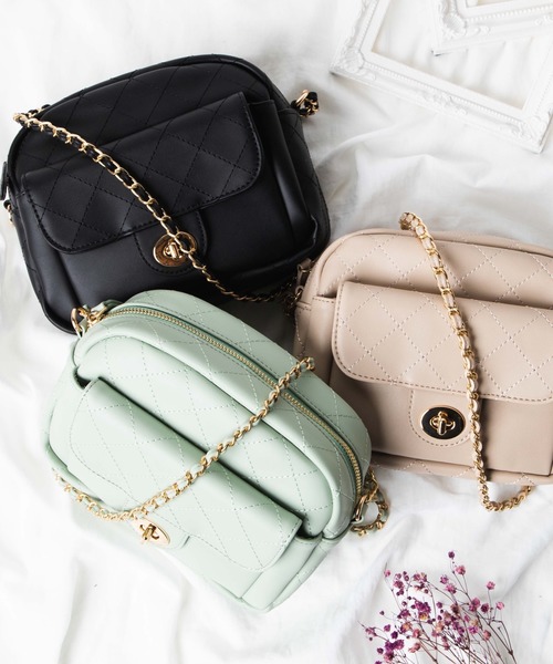 WEGO（ウィゴー）の「WEGO/キルティングフラップショルダーバッグ（ショルダーバッグ・レディース・ベージュ/グリーン系その他/ブラック・FREE）」の2枚目の写真