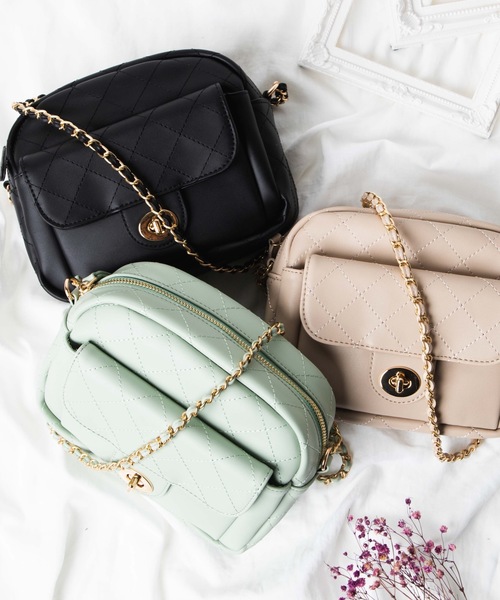 WEGO（ウィゴー）の「WEGO/キルティングフラップショルダーバッグ（ショルダーバッグ・レディース・ベージュ/グリーン系その他/ブラック・FREE）」の4枚目の写真