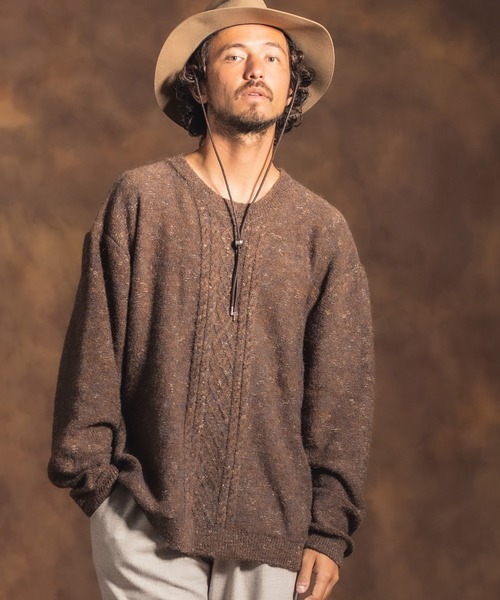 Jih Nunc（ジーヌンク）の「mn2240-ルーズシルエットカラーネップケーブルニット（ニット/セーター・メンズ・キャメル/チャコール・M/S/L）」の3枚目の写真