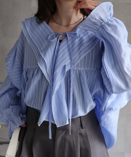 sakishimatokyo（サキシマトーキョー）の「＜選べる新柄登場＞ビックカラーフリルブラウス/チュニック/ストライプ/無地（チュニック・レディース・グリーン/ベージュ/ブラック/ホワイト/モカ/ネイビー/ライトブルー/ライトパープル/ベージュ系その他/ブルー系その他・FREE）」の9枚目の写真