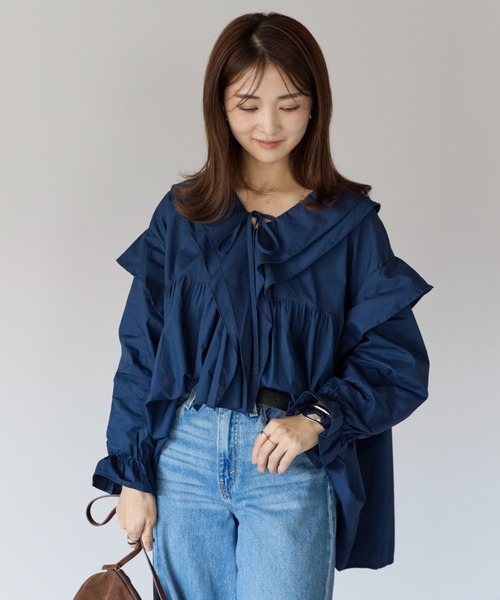 セール】＜選べる新柄登場＞ビックカラーフリルブラウス/チュニック