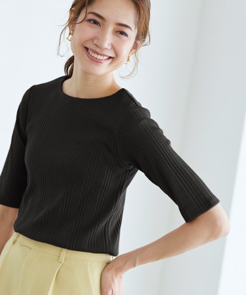 Pierrot（ピエロ）の「ランダムテレコ5分袖Tシャツ（Tシャツ/カットソー・レディース・ブラック/アイボリー/モカ/ブルー・L/M）」の3枚目の写真