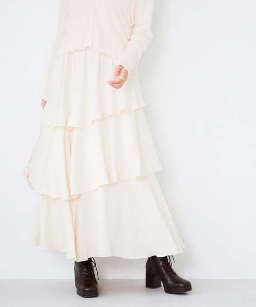 Heather（ヘザー）の「ラッフルティアードロングスカート  218105（スカート・レディース・アイボリー/ブラック/グレー・FREE）」の6枚目の写真