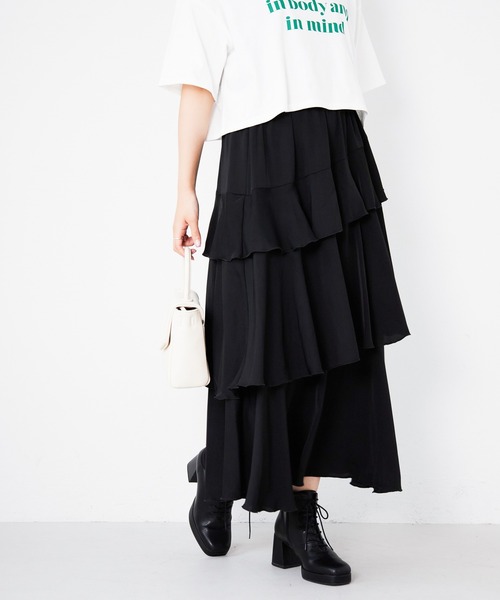 Heather（ヘザー）の「ラッフルティアードロングスカート  218105（スカート・レディース・アイボリー/ブラック/グレー・FREE）」の4枚目の写真