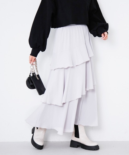 Heather（ヘザー）の「ラッフルティアードロングスカート  218105（スカート・レディース・アイボリー/ブラック/グレー・FREE）」の9枚目の写真