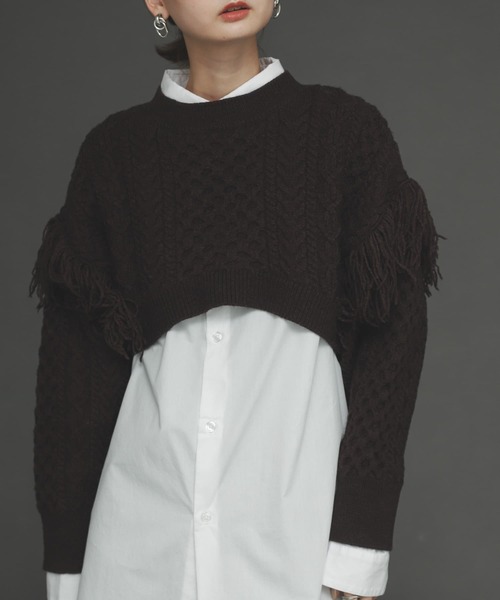 SENSE OF PLACE by URBAN RESEARCH（センスオブプレイスバイアーバンリサーチ）の「フリンジケーブルショートセーター（ニット/セーター・レディース・グレー/ブラウン/ライトカーキ・ONE）」の2枚目の写真