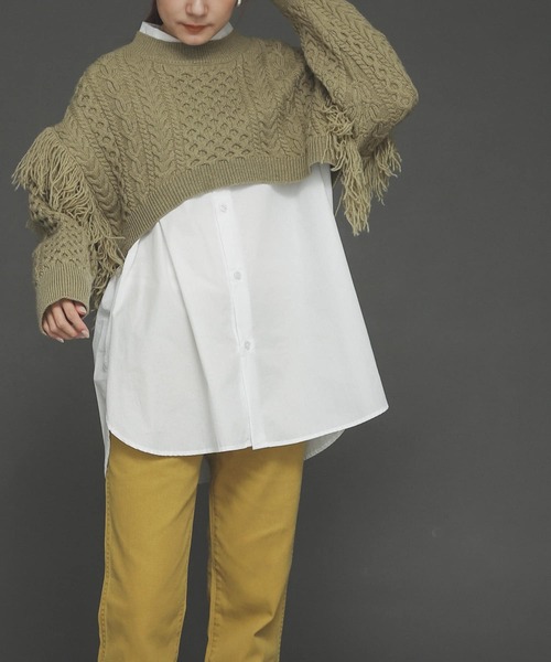 SENSE OF PLACE by URBAN RESEARCH（センスオブプレイスバイアーバンリサーチ）の「フリンジケーブルショートセーター（ニット/セーター・レディース・グレー/ブラウン/ライトカーキ・ONE）」の8枚目の写真