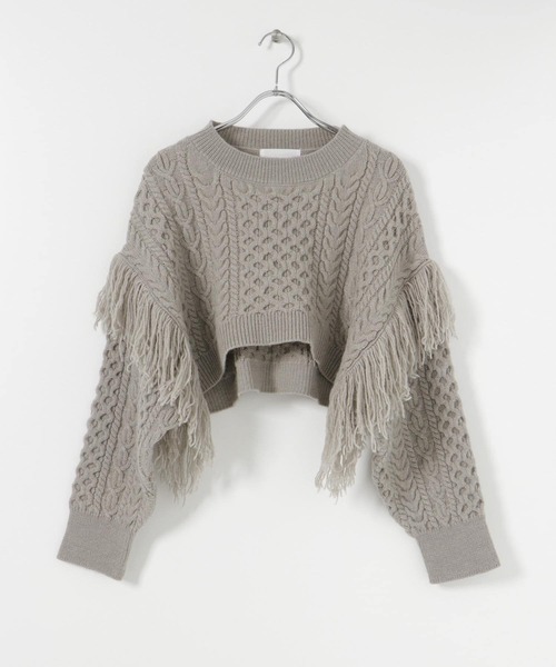 SENSE OF PLACE by URBAN RESEARCH（センスオブプレイスバイアーバンリサーチ）の「フリンジケーブルショートセーター（ニット/セーター・レディース・グレー/ブラウン/ライトカーキ・ONE）」の13枚目の写真