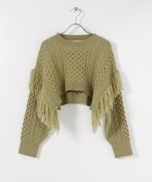 SENSE OF PLACE by URBAN RESEARCH（センスオブプレイスバイアーバンリサーチ）の「フリンジケーブルショートセーター（ニット/セーター・レディース・グレー/ブラウン/ライトカーキ・ONE）」の20枚目の写真
