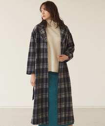 チェック柄ベルト付オーバーロングコート