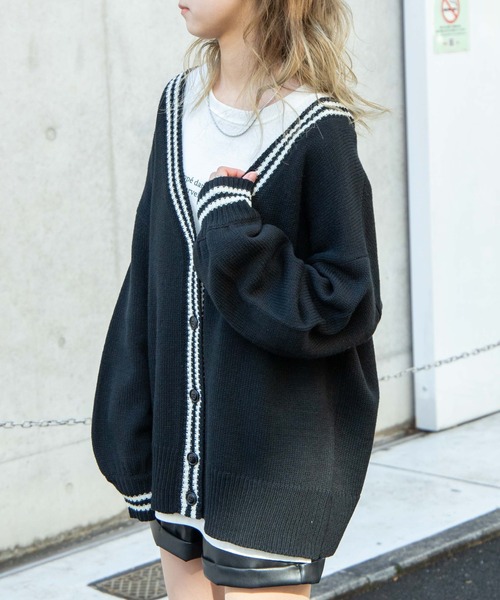 WEGO(ウィゴー)の「WEGO/BIGシルエットラインカーディガン(カーディガン/ボレロ・レディース・オフホワイト/ブラック・FREE)」の21枚目の写真