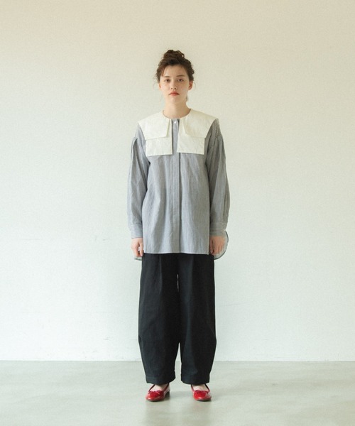 シャツ/ブラウス(長袖/七分) idem double collar check blouse double collar stripe blouse/ダブルカラーストライプブラウス（シャツ