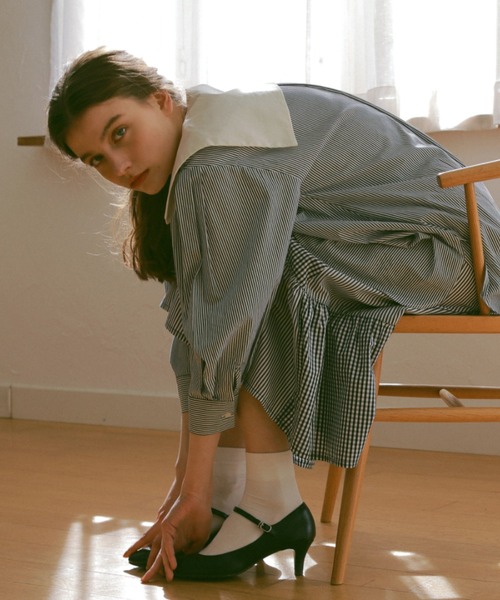 シャツ/ブラウス(長袖/七分) idem double collar check blouse double collar stripe blouse/ダブルカラーストライプブラウス（シャツ