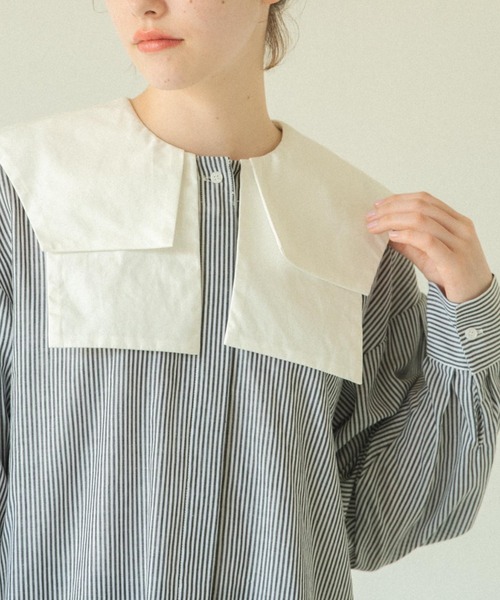 シャツ/ブラウス(長袖/七分) idem double collar check blouse double collar stripe blouse/ダブルカラーストライプブラウス（シャツ