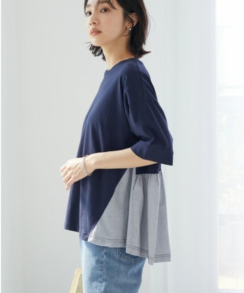 Green　Parks（グリーンパークス）の「裾フレアドッキングプルオーバー（Tシャツ/カットソー・レディース・ホワイト/ネイビー/グリーン・FREE）」の3枚目の写真