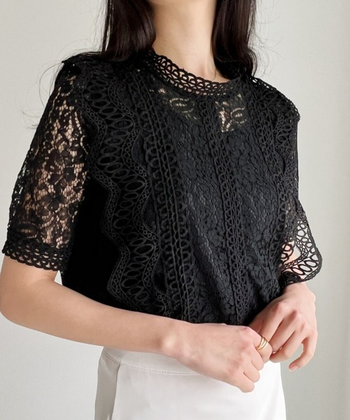 CLEA（クレア）の「フラワーレース半袖ブラウス（Tシャツ/カットソー・レディース・ブラック/アイボリー/ホワイト・FREE）」の14枚目の写真