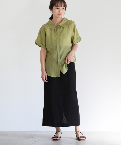 select MOCA（セレクトモカ）の「ロールアップシアーシャツ（シャツ/ブラウス・レディース・パープル/オフホワイト/グリーン・FREE）」の4枚目の写真