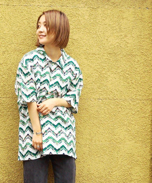 hardcover（ハードカバー）の「hardcover/半袖開襟シャツジグザグ（シャツ/ブラウス・レディース・ホワイト/ネイビー・FREE）」の2枚目の写真