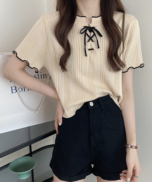 Girly Doll(ガーリードール)の「メロウレースアップトップス(Tシャツ/カットソー・レディース・ホワイト/ブラック/ベージュ/ネイビー/イエロー/ピンク・FREE)」の7枚目の写真