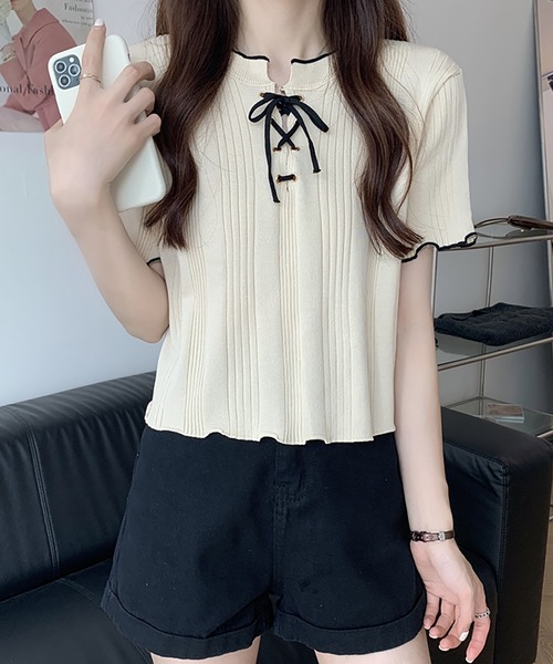 Girly Doll(ガーリードール)の「メロウレースアップトップス(Tシャツ/カットソー・レディース・ホワイト/ブラック/ベージュ/ネイビー/イエロー/ピンク・FREE)」の8枚目の写真