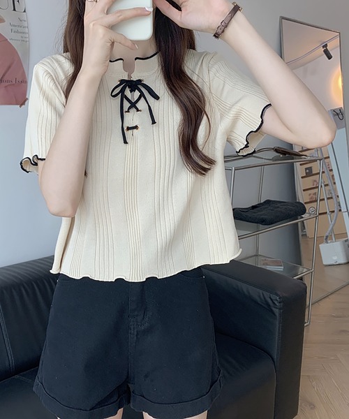 Girly Doll(ガーリードール)の「メロウレースアップトップス(Tシャツ/カットソー・レディース・ホワイト/ブラック/ベージュ/ネイビー/イエロー/ピンク・FREE)」の9枚目の写真