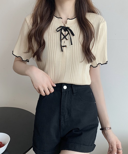 Girly Doll(ガーリードール)の「メロウレースアップトップス(Tシャツ/カットソー・レディース・ホワイト/ブラック/ベージュ/ネイビー/イエロー/ピンク・FREE)」の13枚目の写真