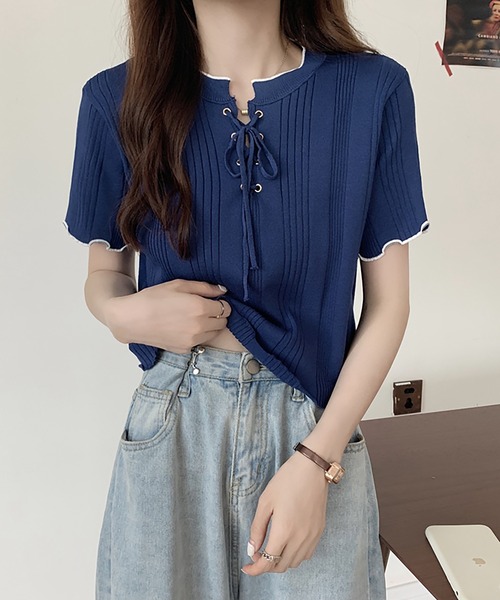 Girly Doll(ガーリードール)の「メロウレースアップトップス(Tシャツ/カットソー・レディース・ホワイト/ブラック/ベージュ/ネイビー/イエロー/ピンク・FREE)」の16枚目の写真