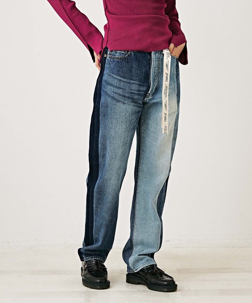 TOBILA（トビラ）の「11オンスデニムリメイク風ストレートパンツ（デニムパンツ・レディース・ブラック/インディゴブルー・M/L）」の2枚目の写真