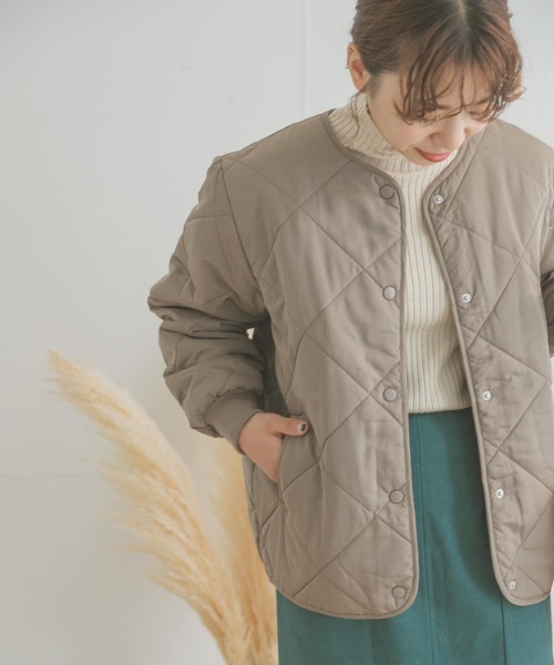 中綿キルティングノーカラージャケット