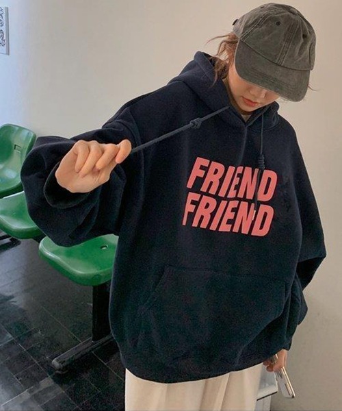 DEVICE（デバイス）の「ビックシルエット FRIEND プリントロゴ スウェット トレーナー パーカー（パーカー・レディース・ネイビー/グレー/オレンジ・FREE）」の2枚目の写真