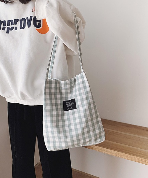 shopnikoniko(ショップニコニコ)の「ギンガムチェック ロゴキャンバストートバッグ(トートバッグ・レディース・レッド/グリーン/ベージュ/ブラック/ブルー・フリー)」の11枚目の写真