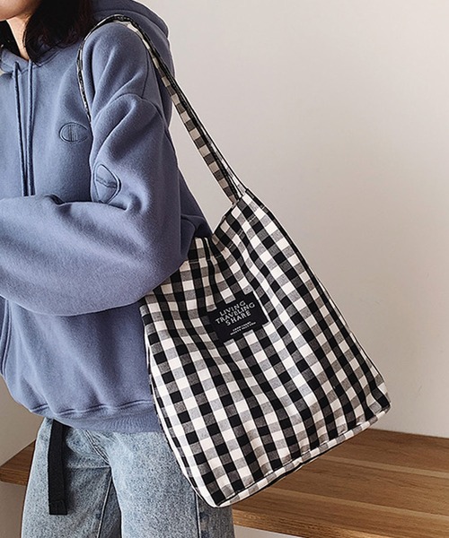 shopnikoniko(ショップニコニコ)の「ギンガムチェック ロゴキャンバストートバッグ(トートバッグ・レディース・レッド/グリーン/ベージュ/ブラック/ブルー・フリー)」の15枚目の写真