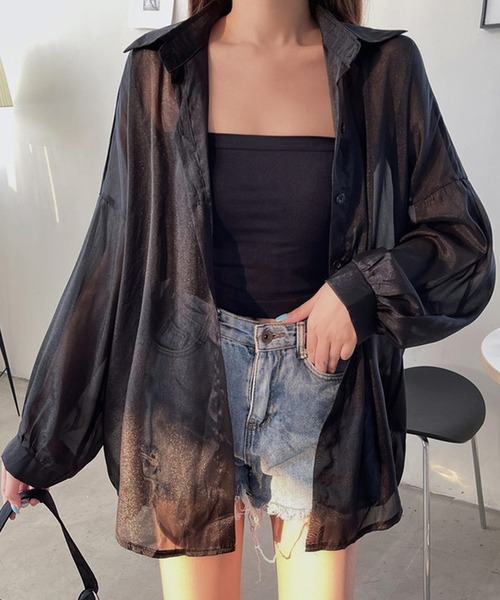 shopnikoniko（ショップニコニコ）の「シアーブラウス 長袖 ボリューム  シャツジャケット シースルー シアーシャツ ロング 夏用（シャツ/ブラウス・レディース・ホワイト/ピンク/イエロー/ブルー/ブラック・フリー）」の3枚目の写真