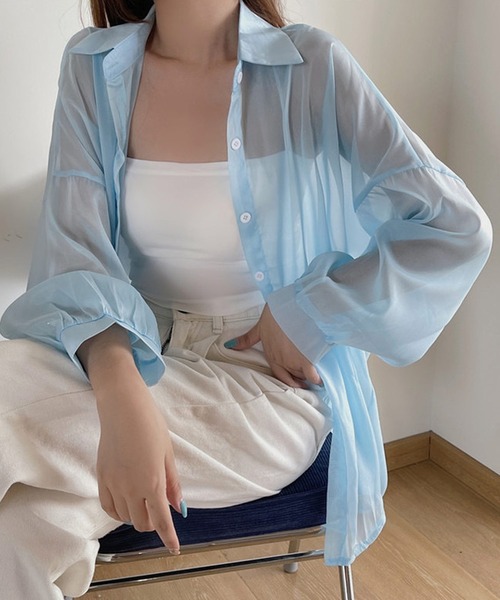 shopnikoniko（ショップニコニコ）の「シアーブラウス 長袖 ボリューム  シャツジャケット シースルー シアーシャツ ロング 夏用（シャツ/ブラウス・レディース・ホワイト/ピンク/イエロー/ブルー/ブラック・フリー）」の15枚目の写真