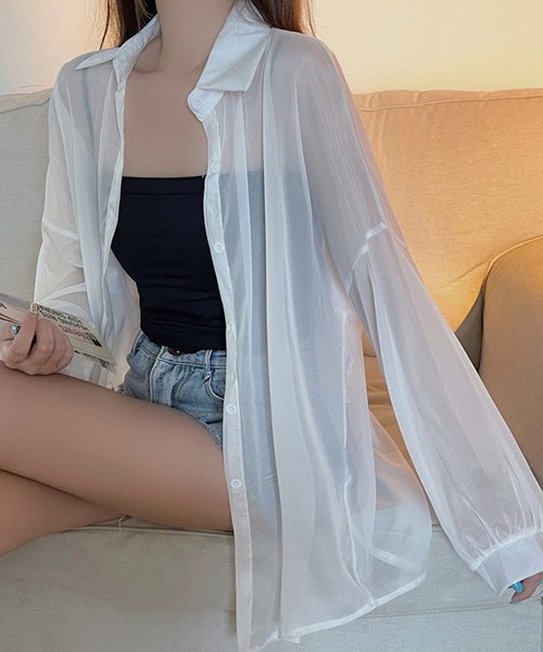 shopnikoniko（ショップニコニコ）の「シアーブラウス 長袖 ボリューム  シャツジャケット シースルー シアーシャツ ロング 夏用（シャツ/ブラウス・レディース・ホワイト/ピンク/イエロー/ブルー/ブラック・フリー）」の18枚目の写真