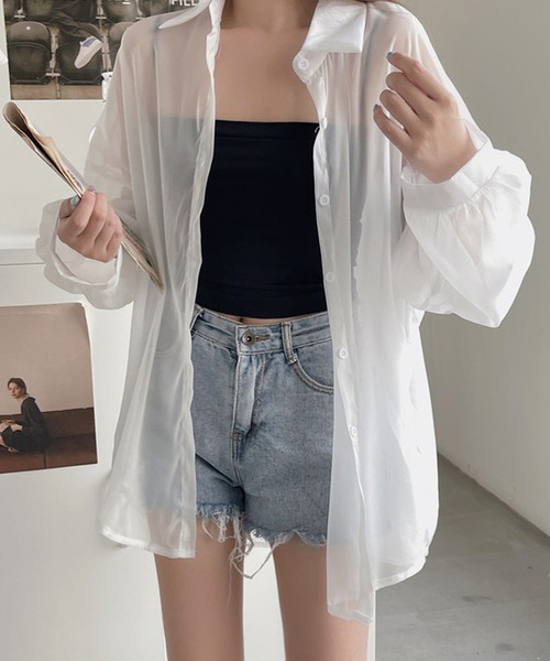 shopnikoniko（ショップニコニコ）の「シアーブラウス 長袖 ボリューム  シャツジャケット シースルー シアーシャツ ロング 夏用（シャツ/ブラウス・レディース・ホワイト/ピンク/イエロー/ブルー/ブラック・フリー）」の9枚目の写真