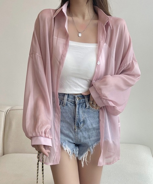 shopnikoniko（ショップニコニコ）の「シアーブラウス 長袖 ボリューム  シャツジャケット シースルー シアーシャツ ロング 夏用（シャツ/ブラウス・レディース・ホワイト/ピンク/イエロー/ブルー/ブラック・フリー）」の19枚目の写真
