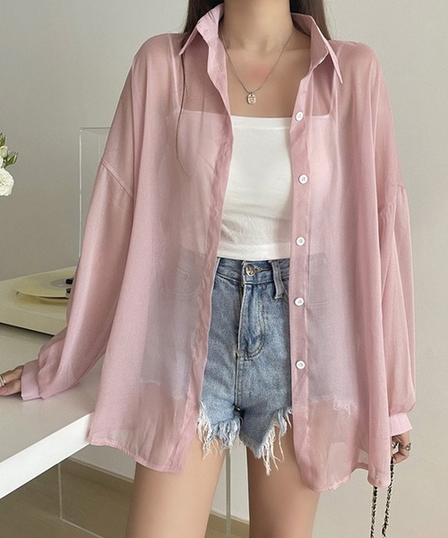 shopnikoniko（ショップニコニコ）の「シアーブラウス 長袖 ボリューム  シャツジャケット シースルー シアーシャツ ロング 夏用（シャツ/ブラウス・レディース・ホワイト/ピンク/イエロー/ブルー/ブラック・フリー）」の7枚目の写真