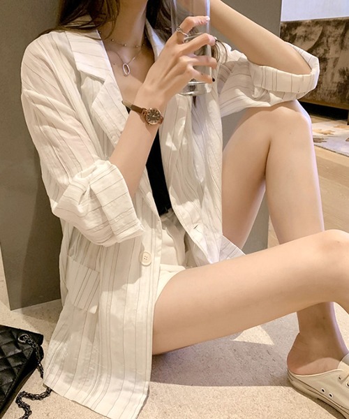 Dewlily(デューリリー)の「シアージャケット(テーラードジャケット・レディース・グリーン/ホワイト・M/L/XL)」の7枚目の写真