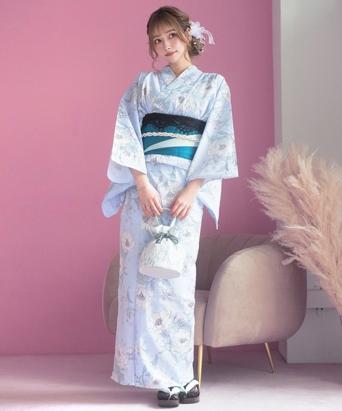 浴衣　レディース　可愛い　水色　花柄浴衣　パステルカラー　帯セット imgrc0094929448.jpg