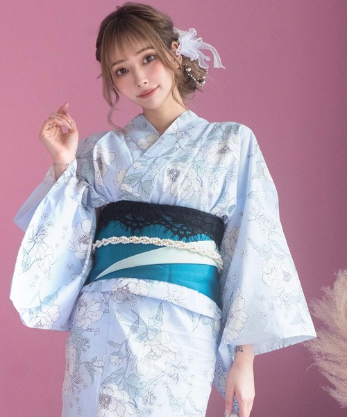 浴衣セット レディース パステルブルーに線画フラワー ゆかた3点