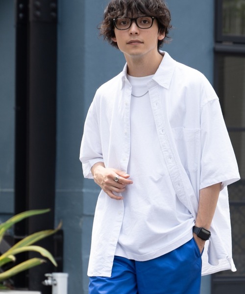 WEGO(ウィゴー)の「WEGO/コットンオックス半袖BIGシャツ(シャツ/ブラウス・メンズ・ホワイト/サックスブルー/グリーン系その他4/ブルー系その他4・MEDIUM/LARGE)」の2枚目の写真