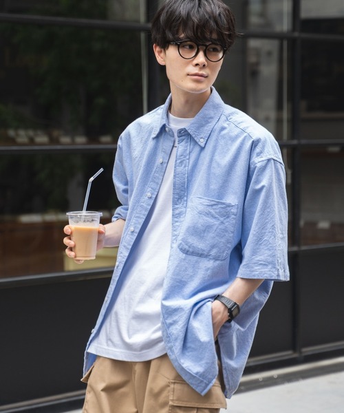 WEGO(ウィゴー)の「WEGO/コットンオックス半袖BIGシャツ(シャツ/ブラウス・メンズ・ホワイト/サックスブルー/グリーン系その他4/ブルー系その他4・MEDIUM/LARGE)」の3枚目の写真