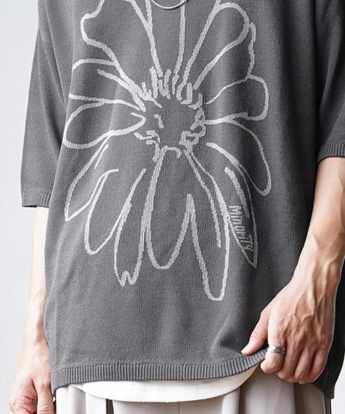 MinoriTY】さらさら夏素材フラワーサマーニット 花柄 半袖Tシャツ