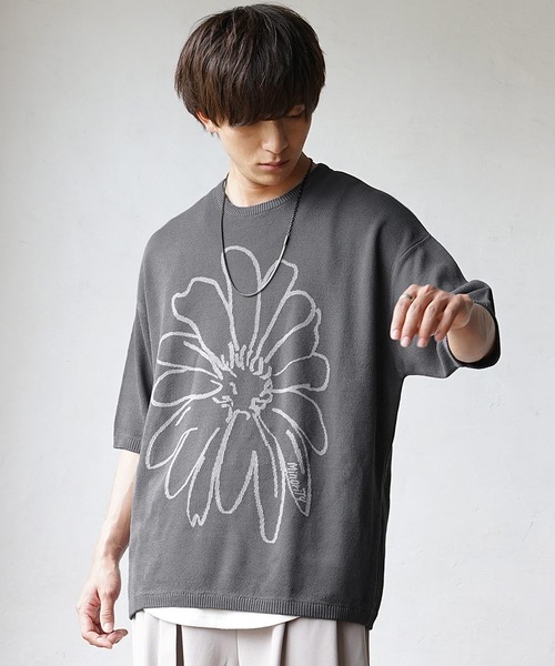 MinoriTY】さらさら夏素材フラワーサマーニット 花柄 半袖Tシャツ