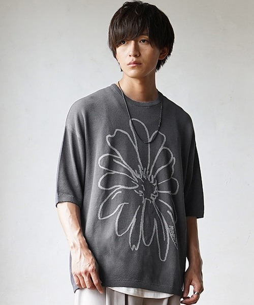 MinoriTY】さらさら夏素材フラワーサマーニット 花柄 半袖Tシャツ