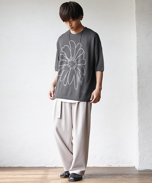 MinoriTY】さらさら夏素材フラワーサマーニット 花柄 半袖Tシャツ