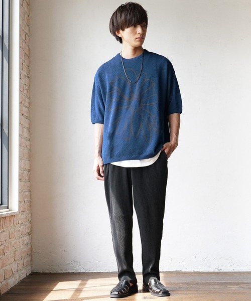 MinoriTY】さらさら夏素材フラワーサマーニット 花柄 半袖Tシャツ